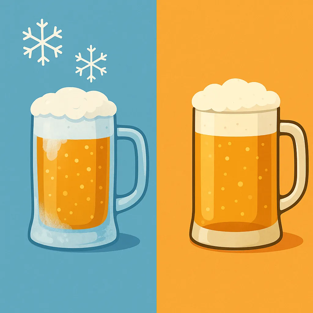 맥주잔을-냉동고에-넣었을-때와-실온-잔에-담았을-때-맛의-차이를-상징적으로-표현한-일러스트-좌측은-서리가-낀-차가운-맥주잔과-거품-오른-맥주-우측은-일반-잔에-담긴-맥주로-온도-차이에-따른-맛-변화를-시각화