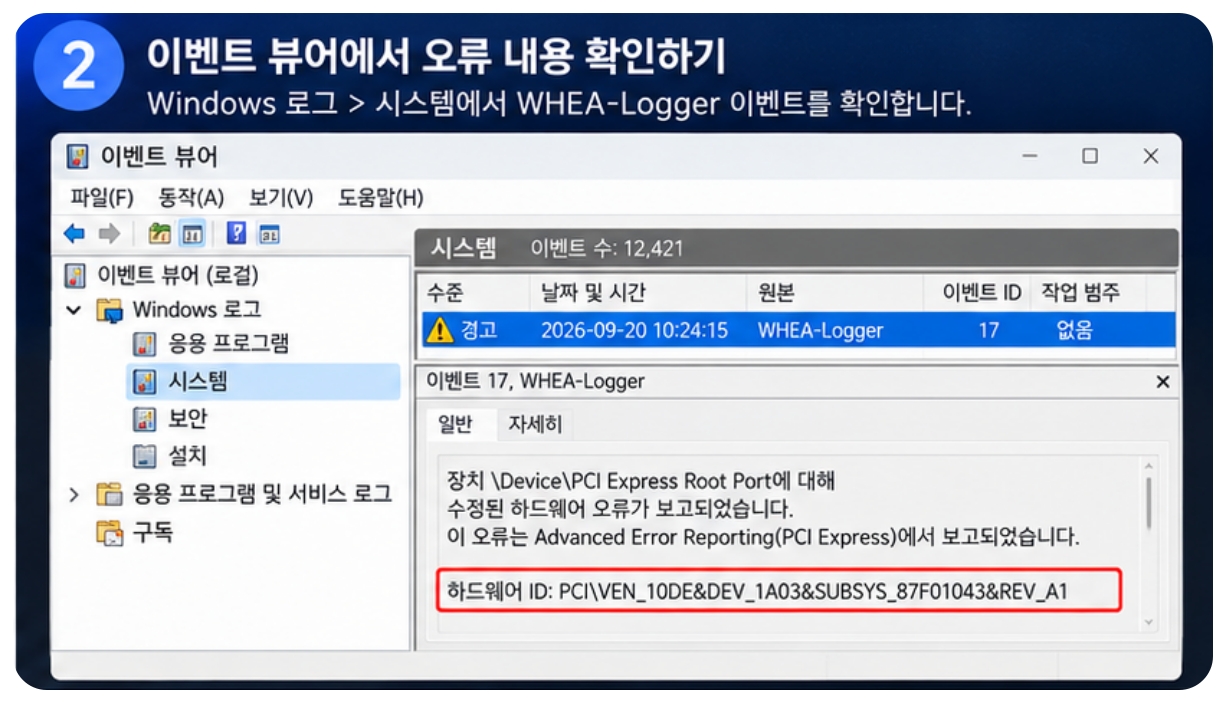 윈도우11 이벤트 뷰어 WHEA-Logger 이벤트 ID 17 PCI Express Root Port 확인