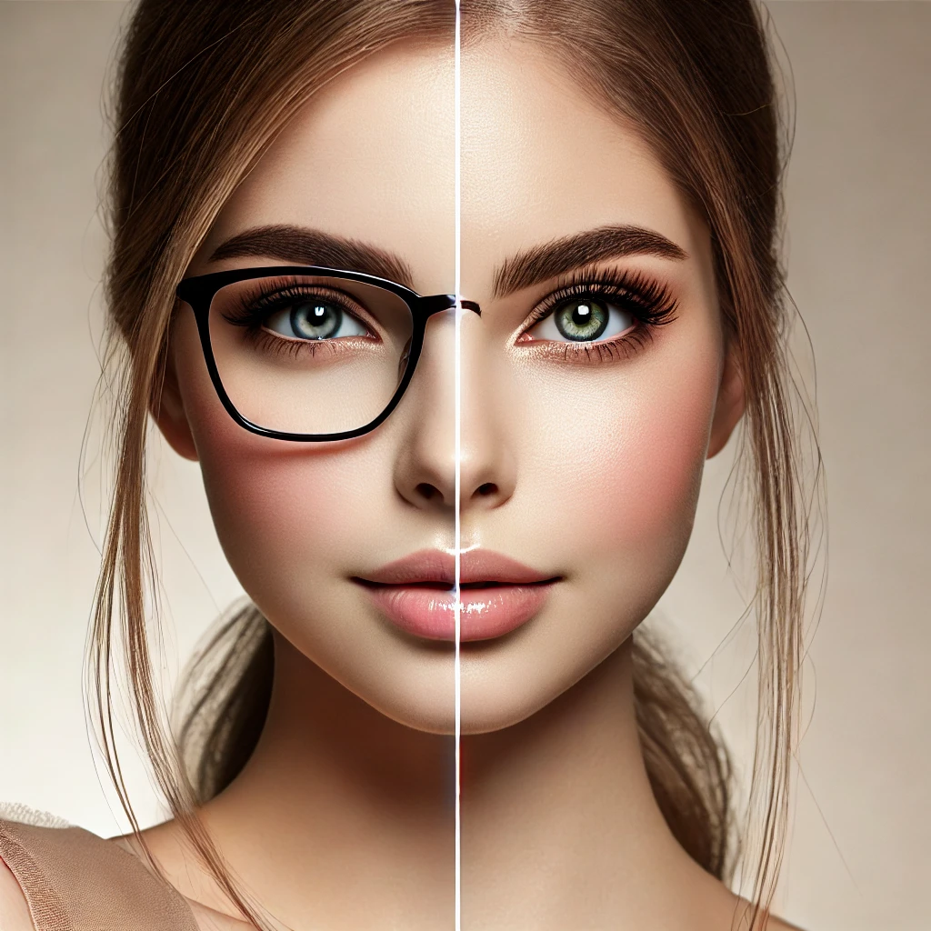 한쪽은 안경, 다른 한쪽은 렌즈를 끼고 있는 여성