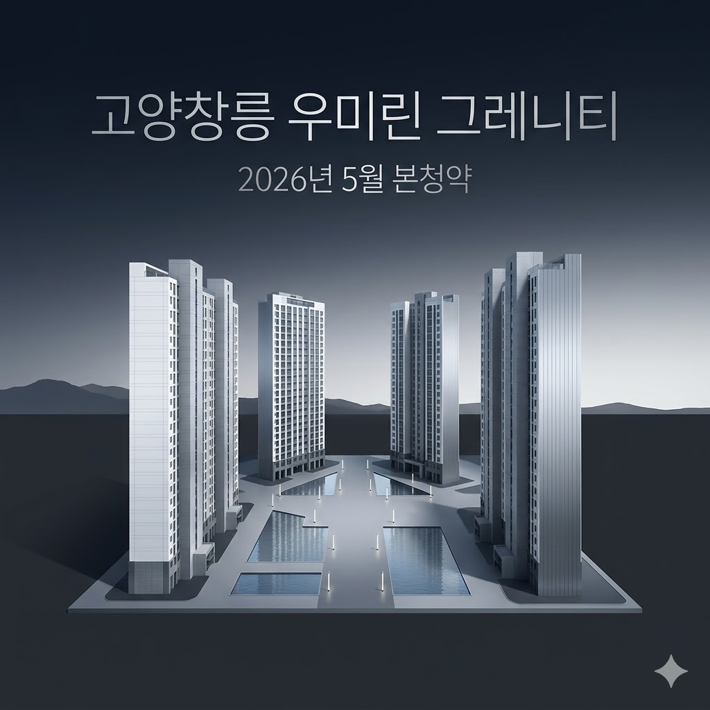 깊고 차분한 다크 그레이 톤 배경에, 은은한 실버와 라이트 블루 빛이 부드럽게 스며드는 고급스러운 분위기. 중앙에 29층 높이의 슬림한 형태로 설계된 4개 동 아파트 건물이 비스듬한 각도로 배치되어 있으며, 건물 외벽은 매끄러운 화이트와 은회색 메탈 재질로 표현되어 차가운 도시적 세련미를 강조한다.
건물 사이로 넓은 중앙 광장이 펼쳐져 있고, 광장에는 얕은 물의 반사와 함께 미니멀한 조명 기둥이 점처럼 배치되어 있다. 하늘은 매우 어두운 네이비에서 라이트 그레이로 부드럽게 그라데이션되며, 멀리 고양 창릉지구의 낮은 산맥 실루엣이 희미하게 보인다.