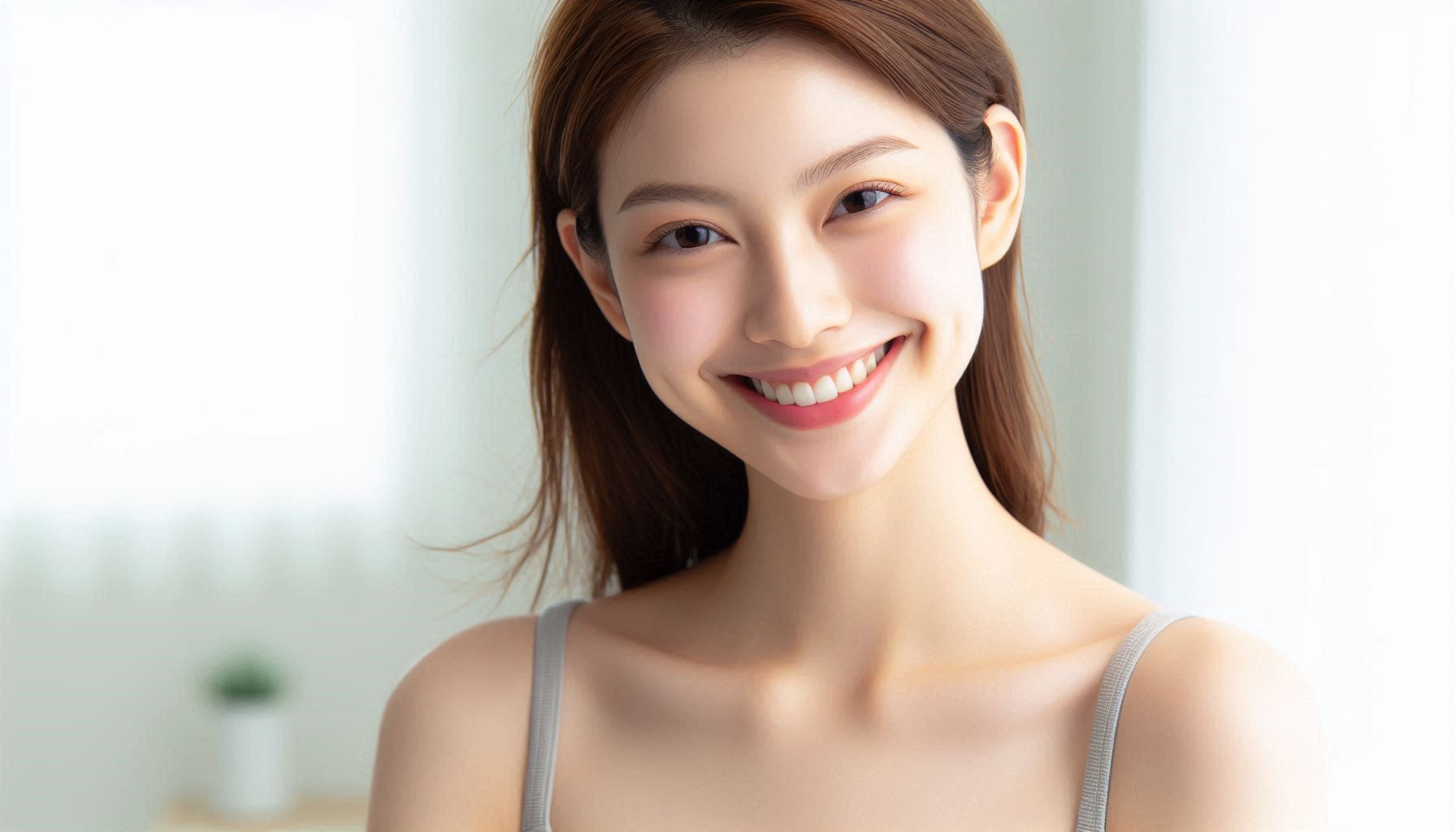 A person with clear, healthy skin smiling confidently. The background should be bright and minimalistic.