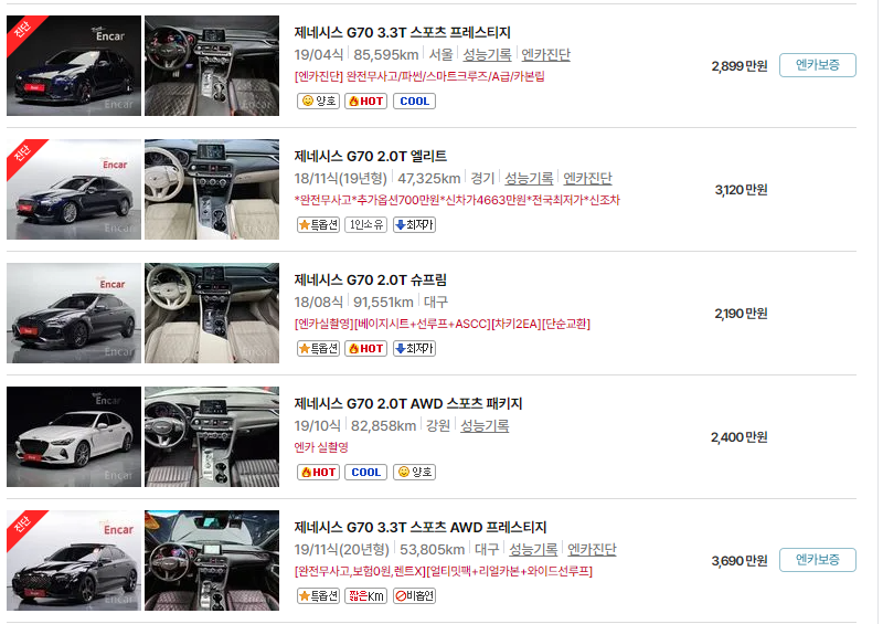 제네시스 GV70 중고차 가격 시세표 24년10월