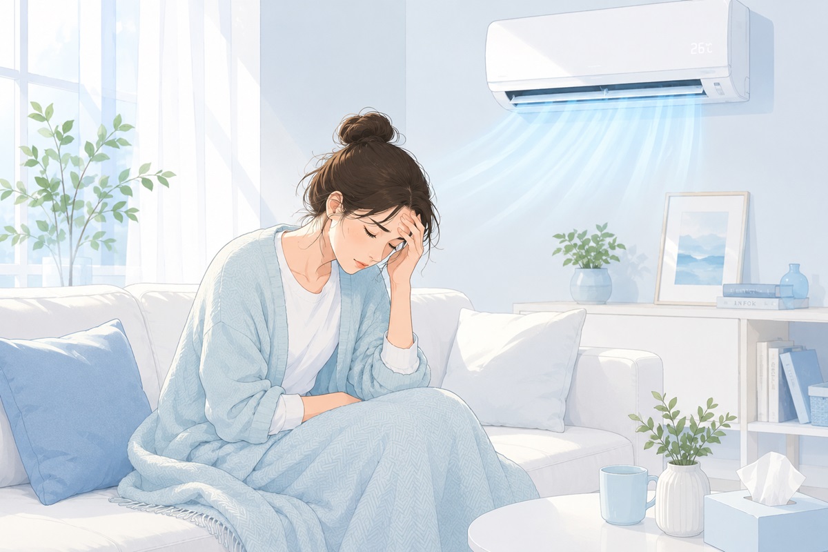 에어컨 냉방으로 두통과 피로를 느끼는 여성 일러스트