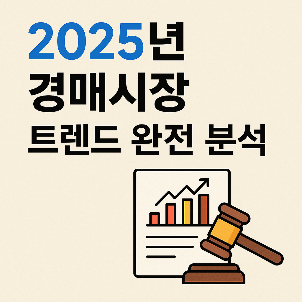 2025년 경매시장 트렌드 완전 분석 썸네일 - 경매 그래프와 판사봉 아이콘이 포함된 인포그래픽 스타일 이미지