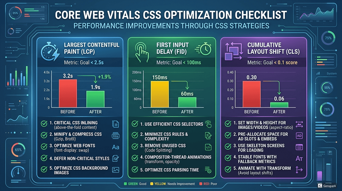 Core Web Vitals CSS 최적화 체크리스트 8가지 &ndash; LCP&middot;FID&middot;CLS 수치를 CSS로 개선하는 실전 방법 참조 이미지