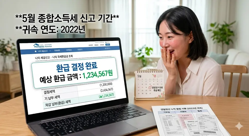 5월 종합소득세 신고 기간을 맞아 직장인 연말정산 누락분을 홈택스에서 경정청구하여 환급금을 확인하는 모습