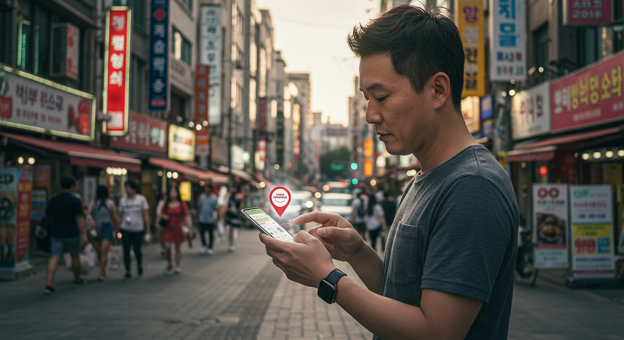 남성이 휴대전화 앱으로 소비쿠폰 사용처를 검색하고 있다.