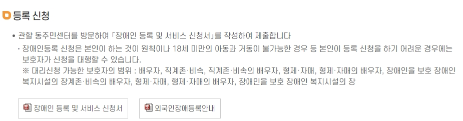 주민센터에 본인 또는 대리인이 방문하여 신청서를 작성하고 제출하는 단계에 대한 설명