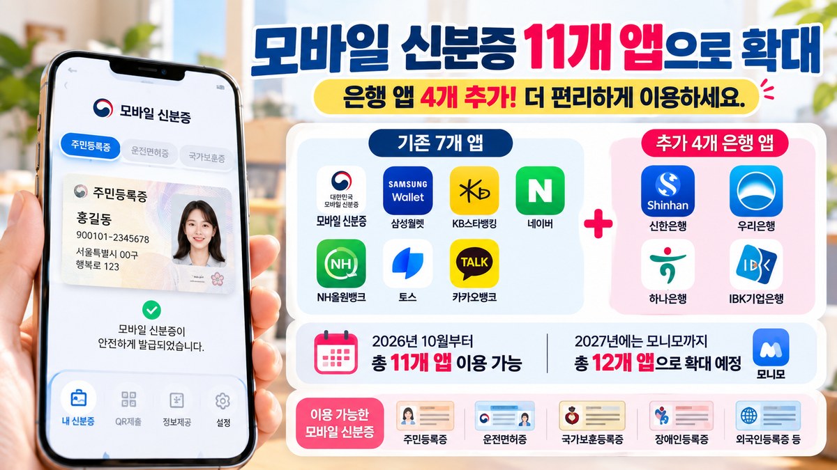 모바일 신분증 은행 앱 4개 추가로 총 11개 앱 확대 안내 이미지