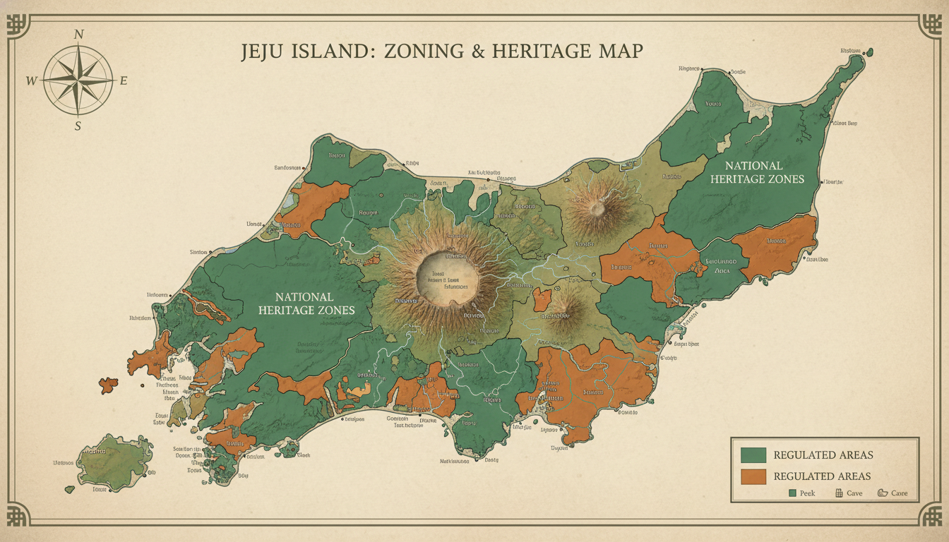제주도 국가유산구역 및 규제 지역을 표시한 상세한 지도. 녹색과 주황색으로 구역이 구분되어 있으며, 주요 지형과 범례가 포함되어 있습니다.