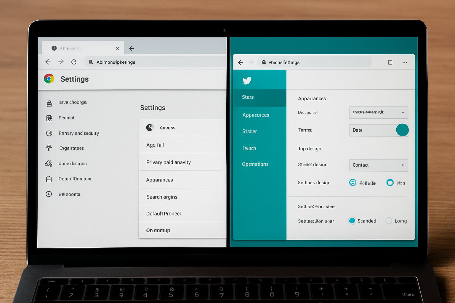 웨일과 크롬의 사용자 인터페이스를 비교한 이미지, 사이드바와 탭 차이 강조