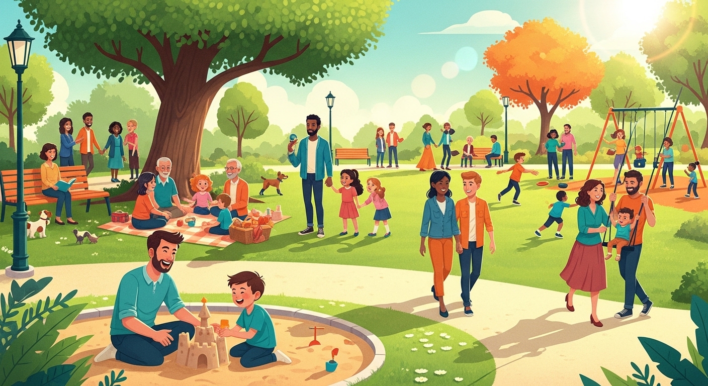 다양한 형태의 가족들이 서로 사랑하며 행복하게 교류하는 모습. 사회적 인식 변화와 새로운 가족 형태에 대한 포용적인 시각을 표현한다.
