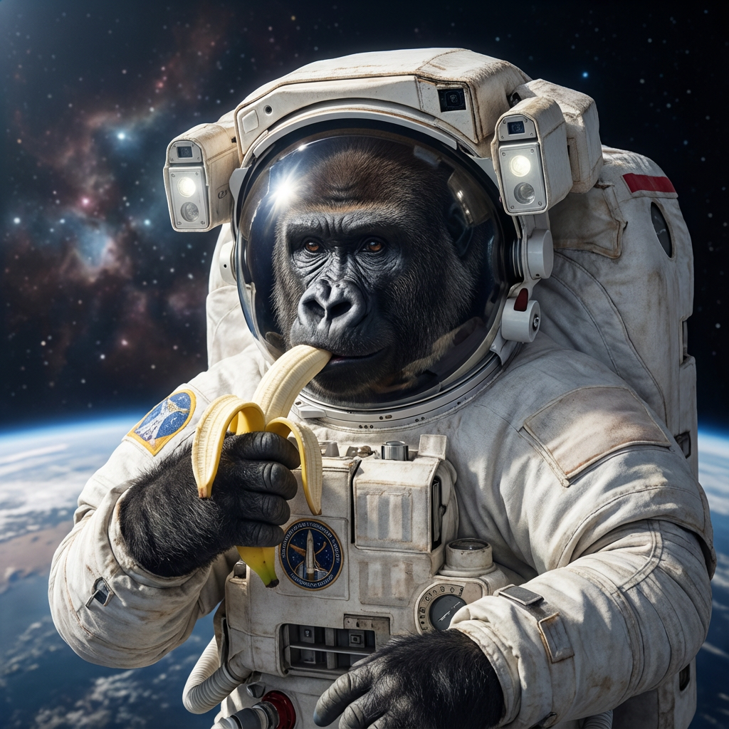 우주복을 입은 고릴라가 우주에서 바나나를 먹는 모습