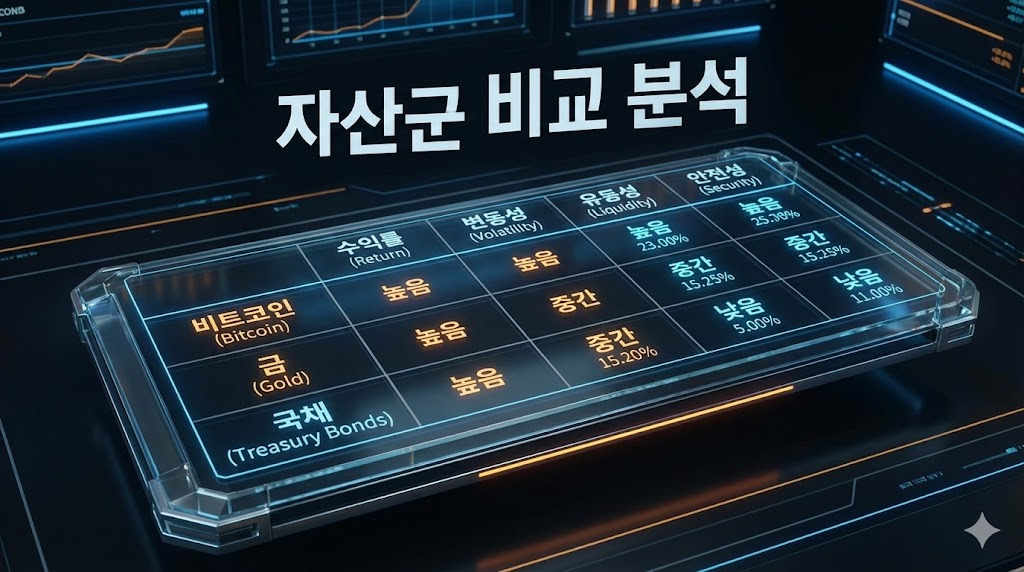 비트코인과 금 및 국채의 자산군 비교 분석 도표