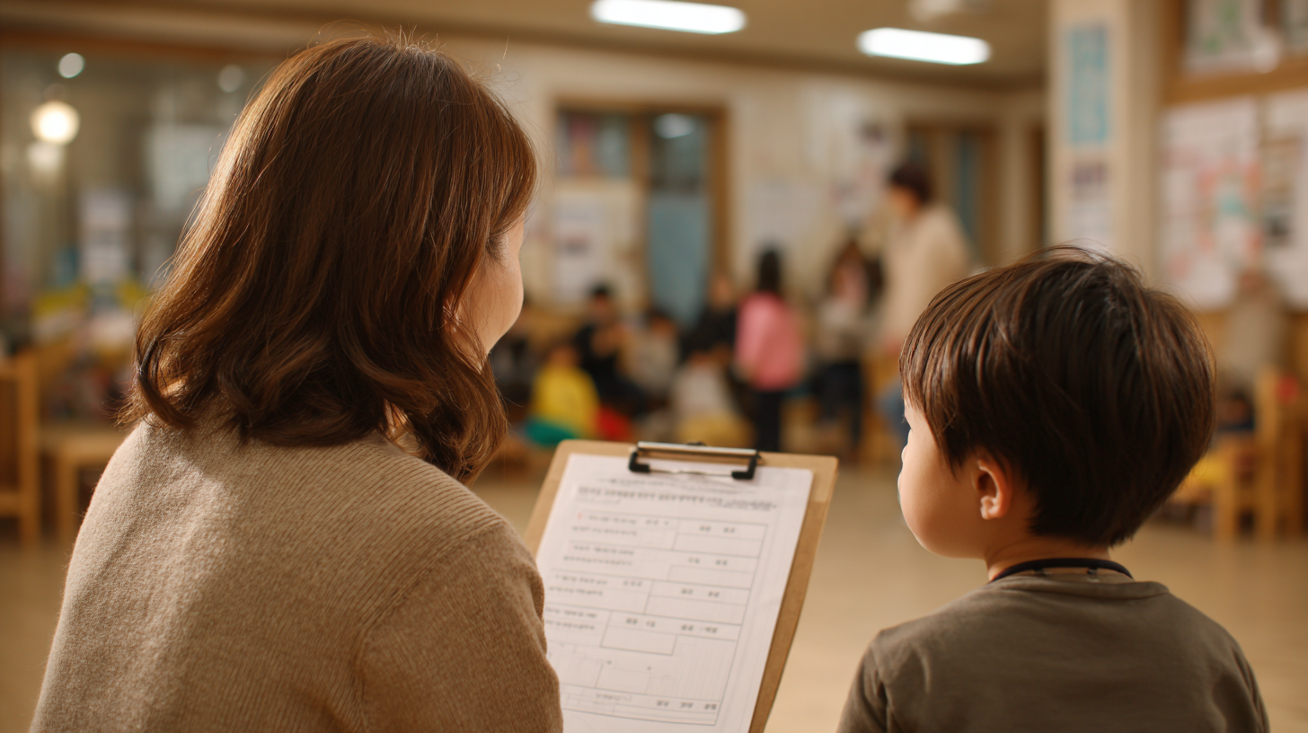 유치원 사무실에서 한국 학부모가 직원과 환불 절차에 대해 상담 중