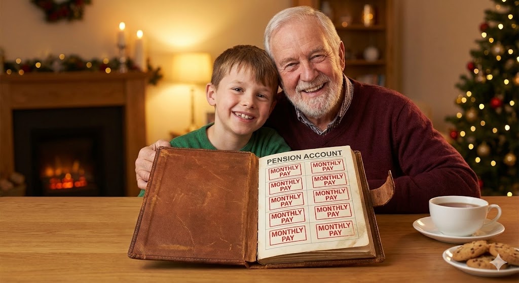 연금 통장에 매월 '월급'이라는 도장이 찍히고, 할아버지와 손자가 웃고 있는 따뜻한 일러스트