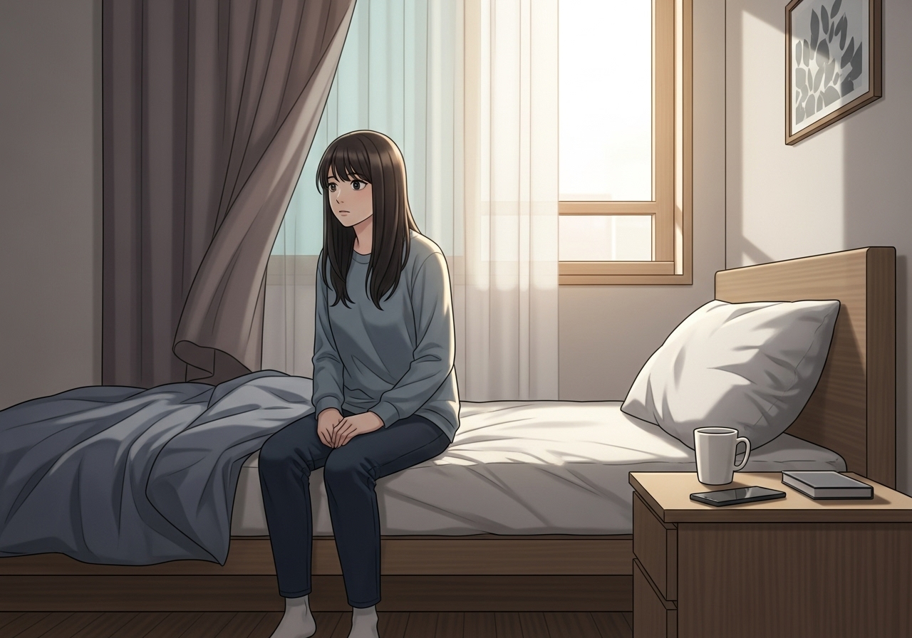 주말에 아무 것도 하지 않고 침대에 걸터앉아서 멍하게 있는 여성 일러스트