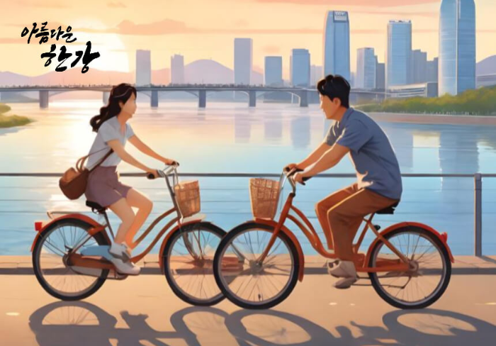 한강에서 자전거 타는 남녀사진