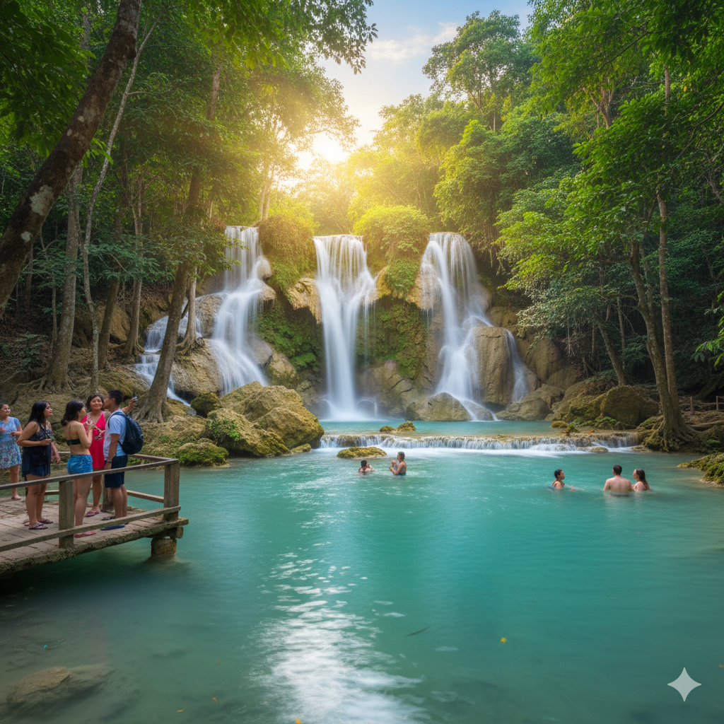 에메랄드빛 물과 시원한 공기를 맞볼수있는 쾅시 폭포