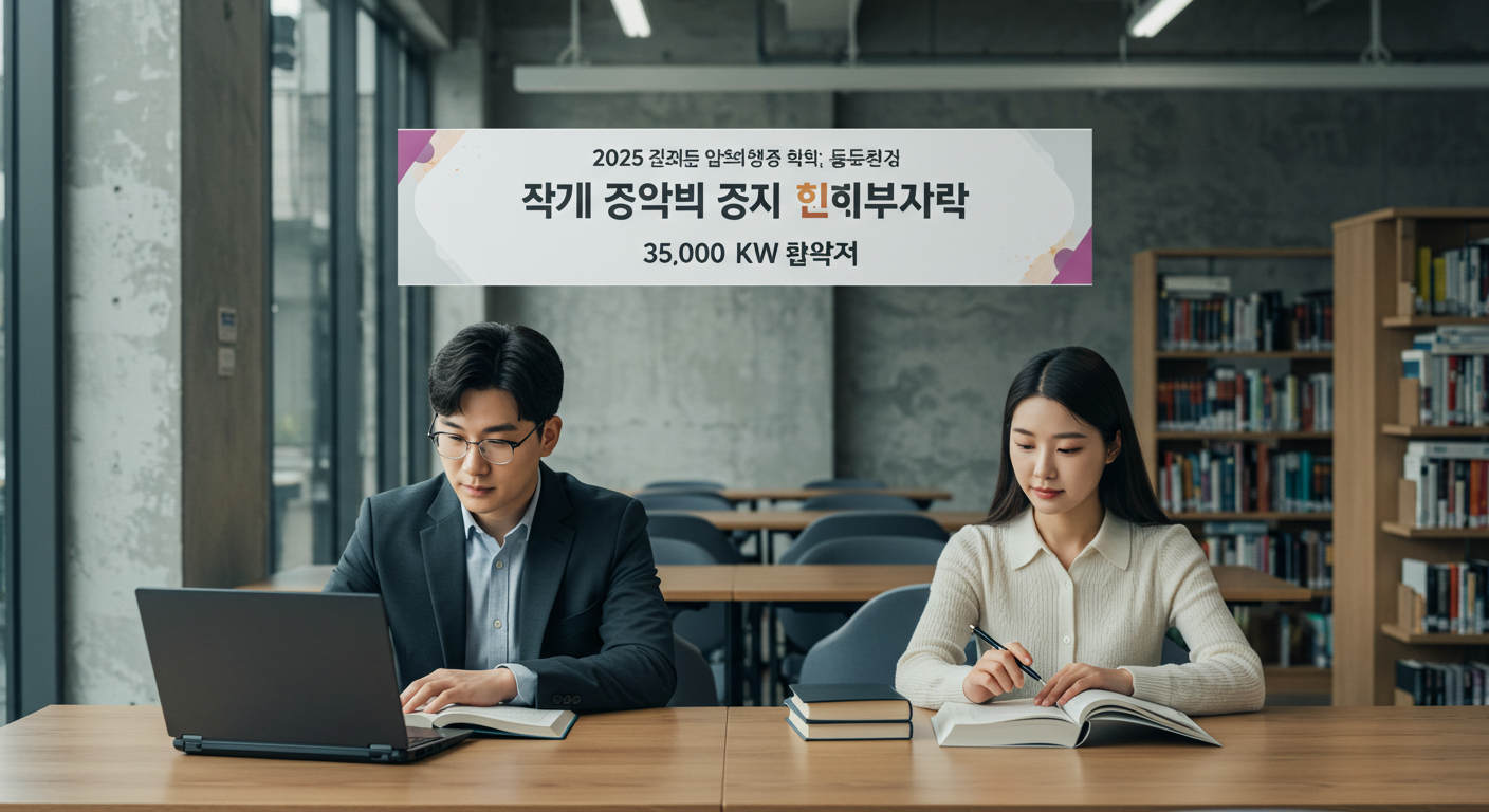 2025년 평생교육이용권 신청 안내 배너와 학습하는 성인 남녀 이미지