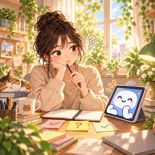 노트와 AI 태블릿 앞에서 생각하는 인물, 무료 AI 중독 테스트 대표 이미지