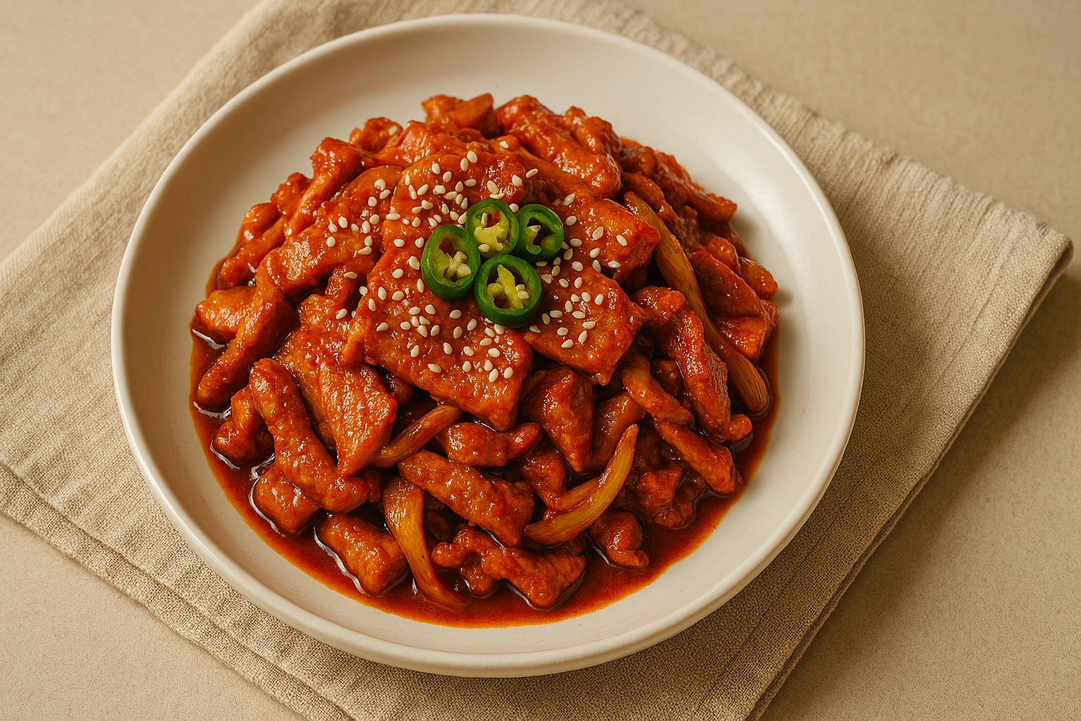 완성된 저당 제육볶음 접시에 담긴 모습