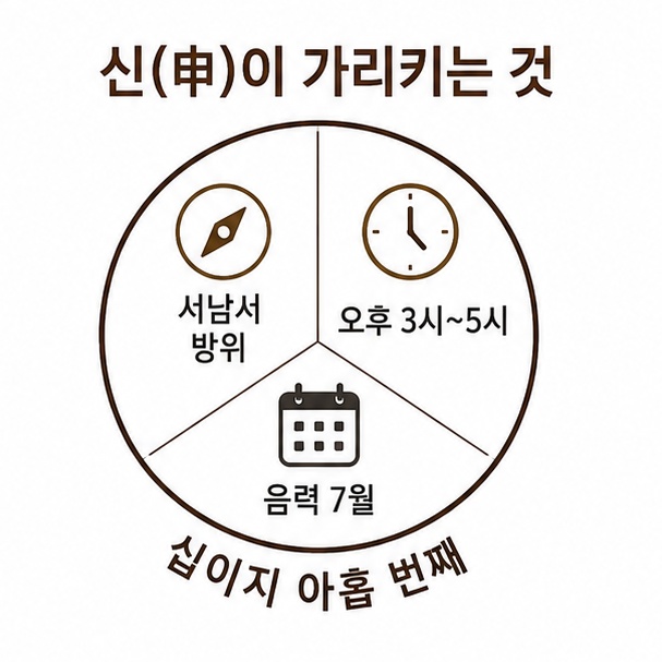 십이지 신(申)이 가리키는 것, 서남서 방위와 오후 3시부터 5시, 음력 7월을 표시한 원형 도해