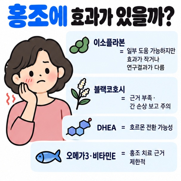 대두 이소플라본 블랙코호시 DHEA 오메가3 비타민E의 갱년기 홍조 관련 근거와 주의를 정리한 이미지