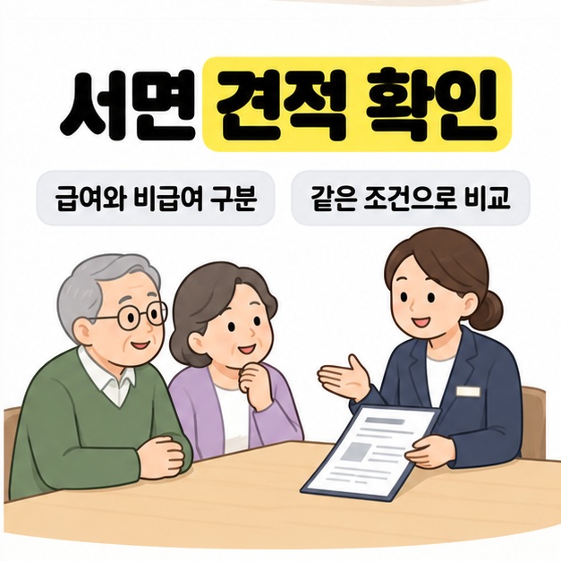 어르신들이 담당자와 문서를 살펴보며 상담하는 모습과 급여와 비급여를 구분해 같은 조건으로 견적을 비교하라는 안내