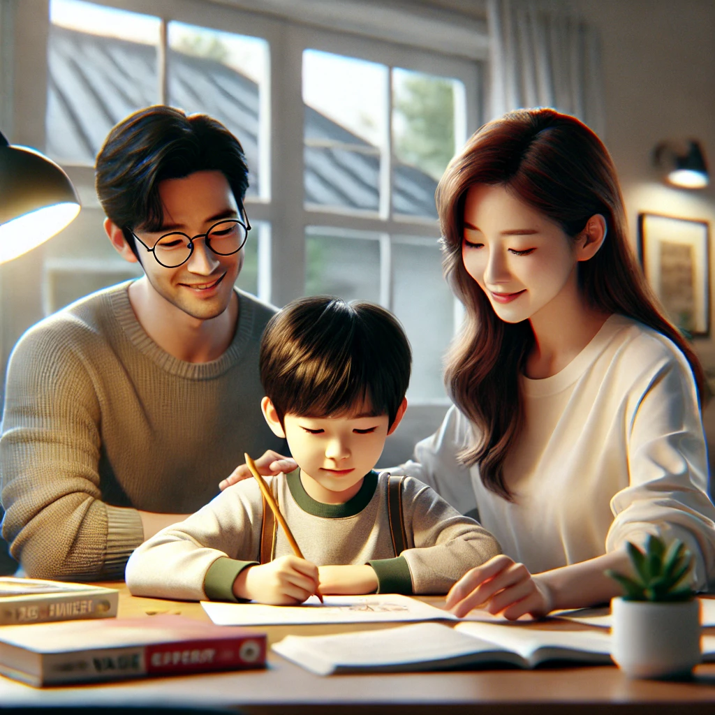 아이가 노력의 중요성을 배우며 부모로부터 따뜻한 격려를 받는 모습을 사실적으로 묘사하고 있습니다. 부모는 아이의 노력을 응원하며 아늑한 공간에서 함께 시간을 보내고 있습니다.