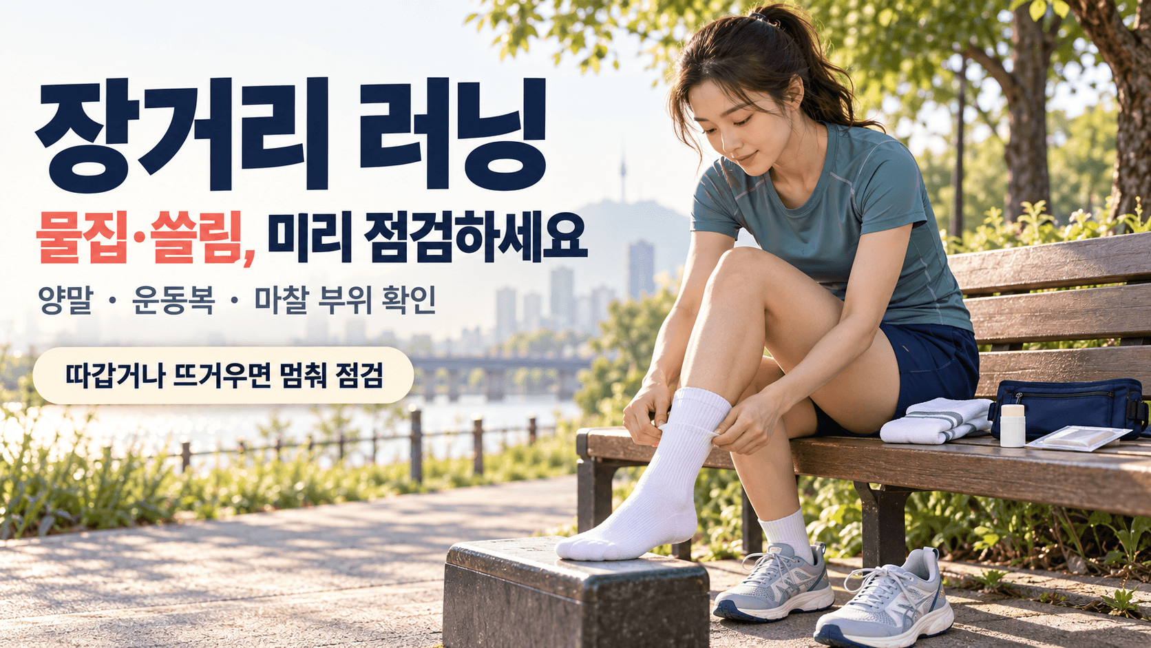 출발 전 긴 러닝 양말의 주름을 정리하는 러너와 여분 양말·마찰 방지 제품을 배치하고, 물집과 피부 쓸림 예방 점검을 강조한 장거리 러닝 안내 이미지