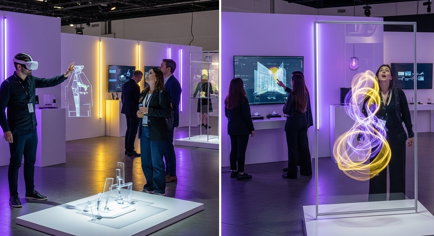 방문객들이 AI 기술이 접목된 인터랙티브 디자인 프로토타입을 체험하고 있는 미래적인 전시 공간.