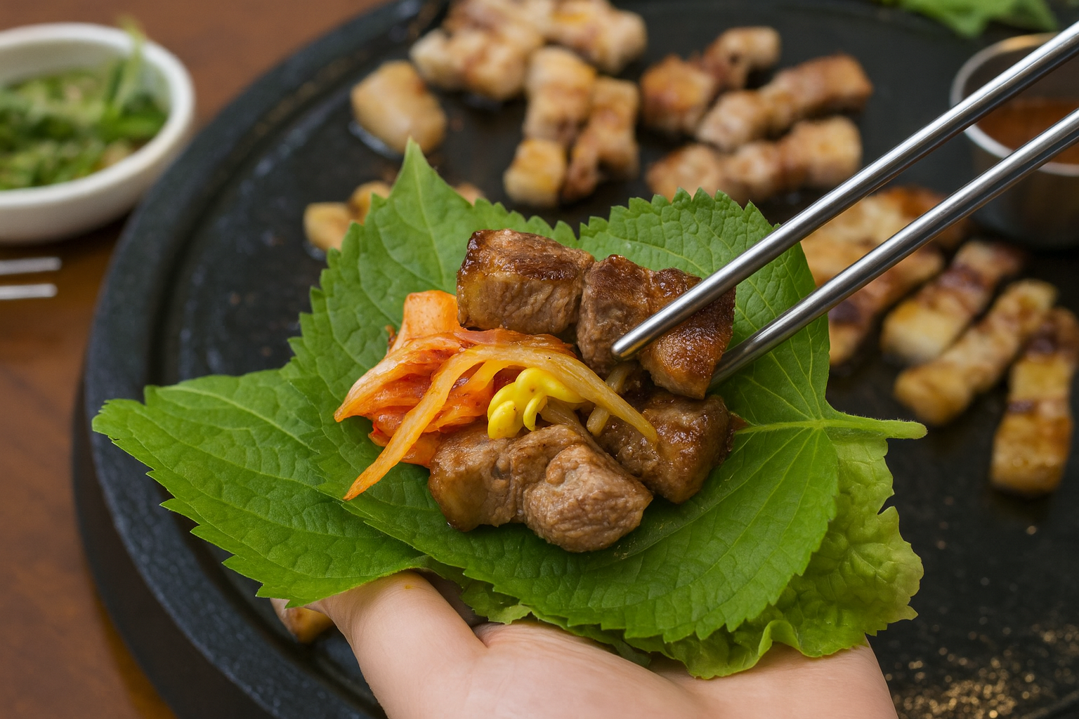 Korean ssam culture &mdash; a bite-sized wrap of grilled meat, vegetables, and sauce showing Korea&rsquo;s communal, hands-on dining style.