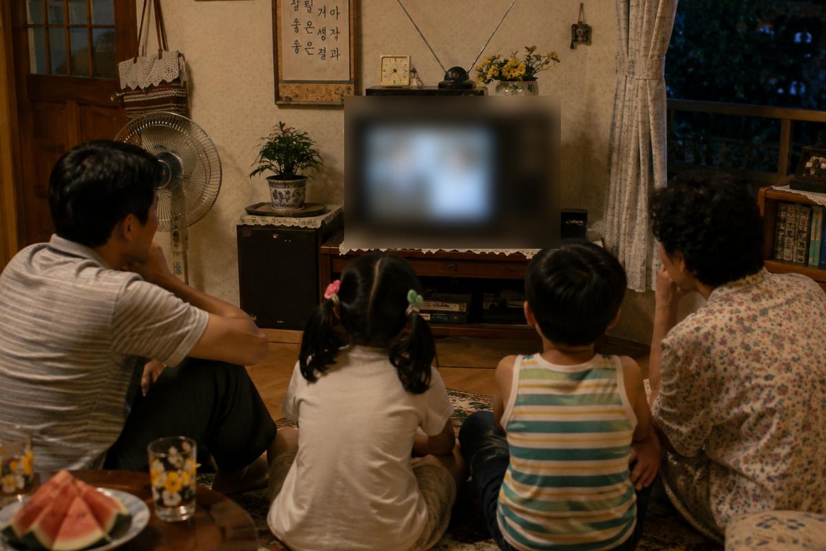 수박과 음료가 놓인 탁자 옆에서 네 식구가 TV를 함께 시청하는 모습