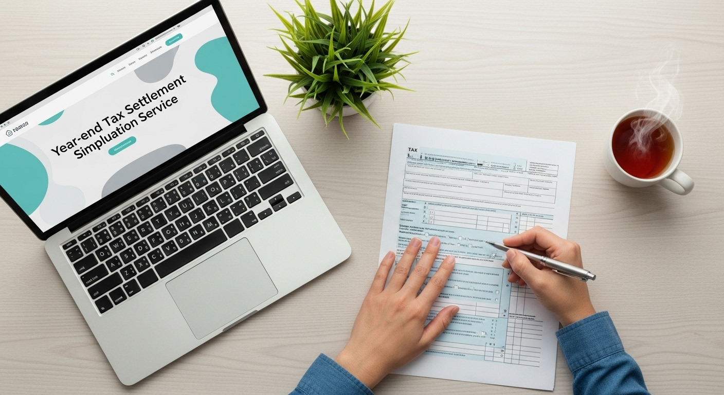 연말정산 간소화 서비스를 활용하여 세금 서류를 작성하는 손의 모습, 디지털 연말정산의 편리함을 표현