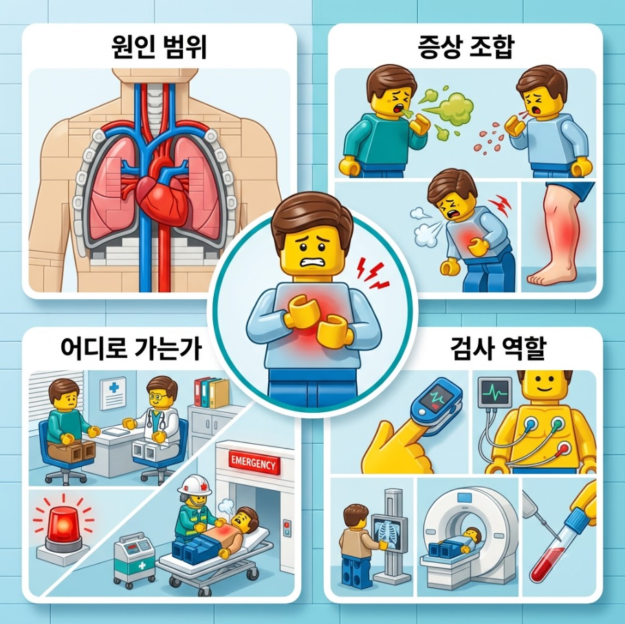 진료실에서 의사와 대화하는 환자 주변으로 주요 위험 요인들이 정리된 레고 메디컬 인포그래픽 요약 카드