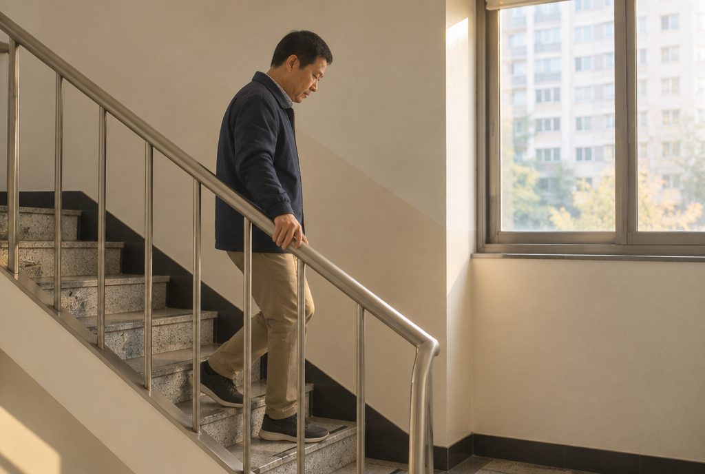 난간을 잡고 계단을 내려가는 중년 남성