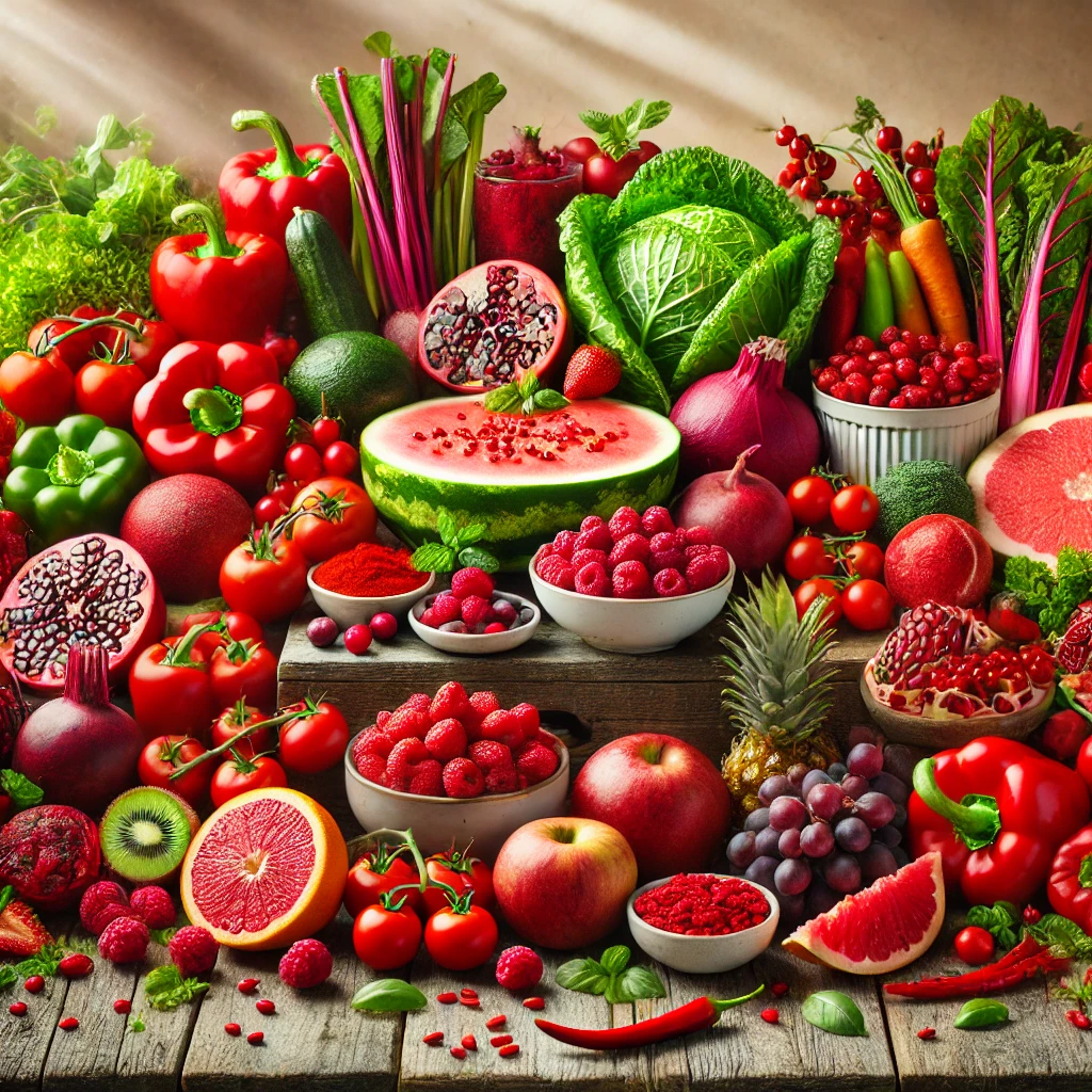 토마토, 석류, 붉은 포도 등 레드 색상의 푸드가 다양하게 배치되어 있는 모습