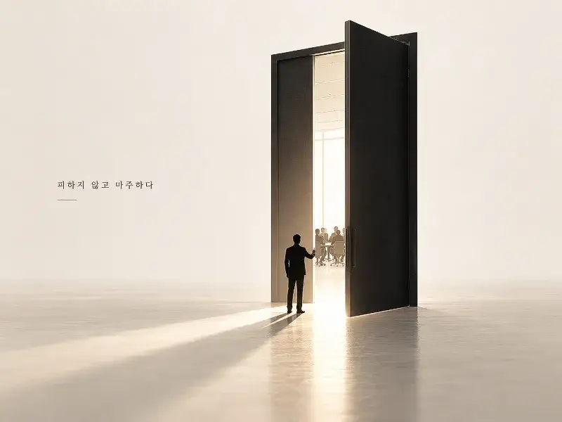 A lone figure opening a massive black door to face a group of people at a conference table, symbolizing courage and determination in difficult negotiations
