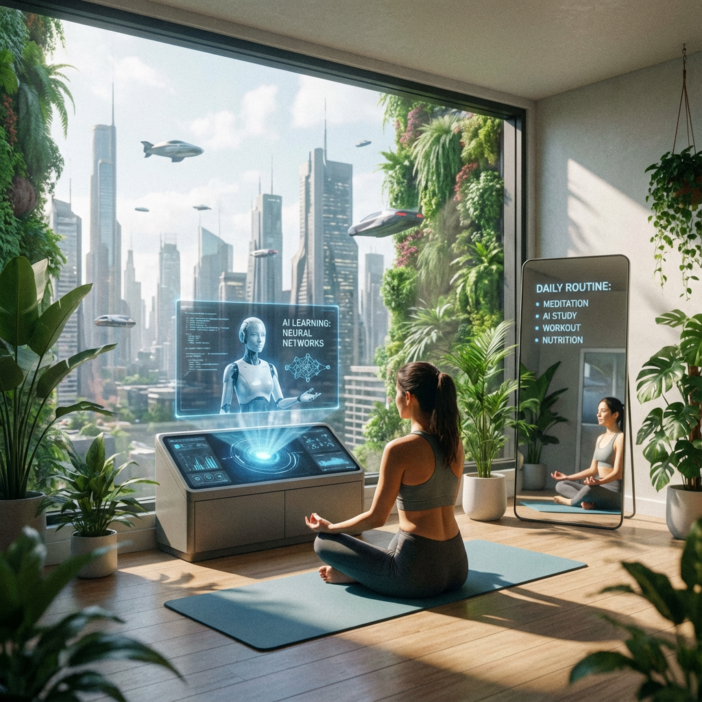 미래 AI의 발달로 자기관리와 AI학습을 하고있는 여성의 모습