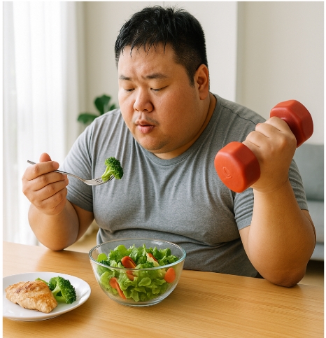 비만인사람이 다이어트식단과 운동하는 사진