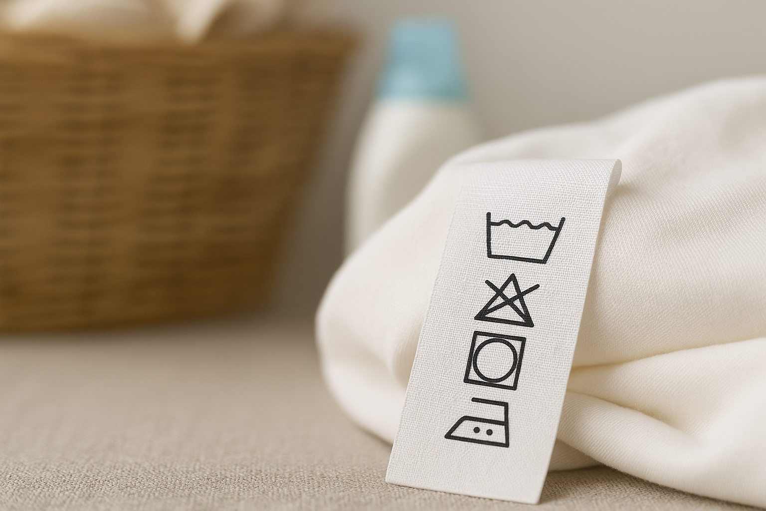 세탁라벨(세탁기호) 클로즈업 — 물세탁·표백·건조·다림질·드라이 기호가 보이는 의류 케어라벨