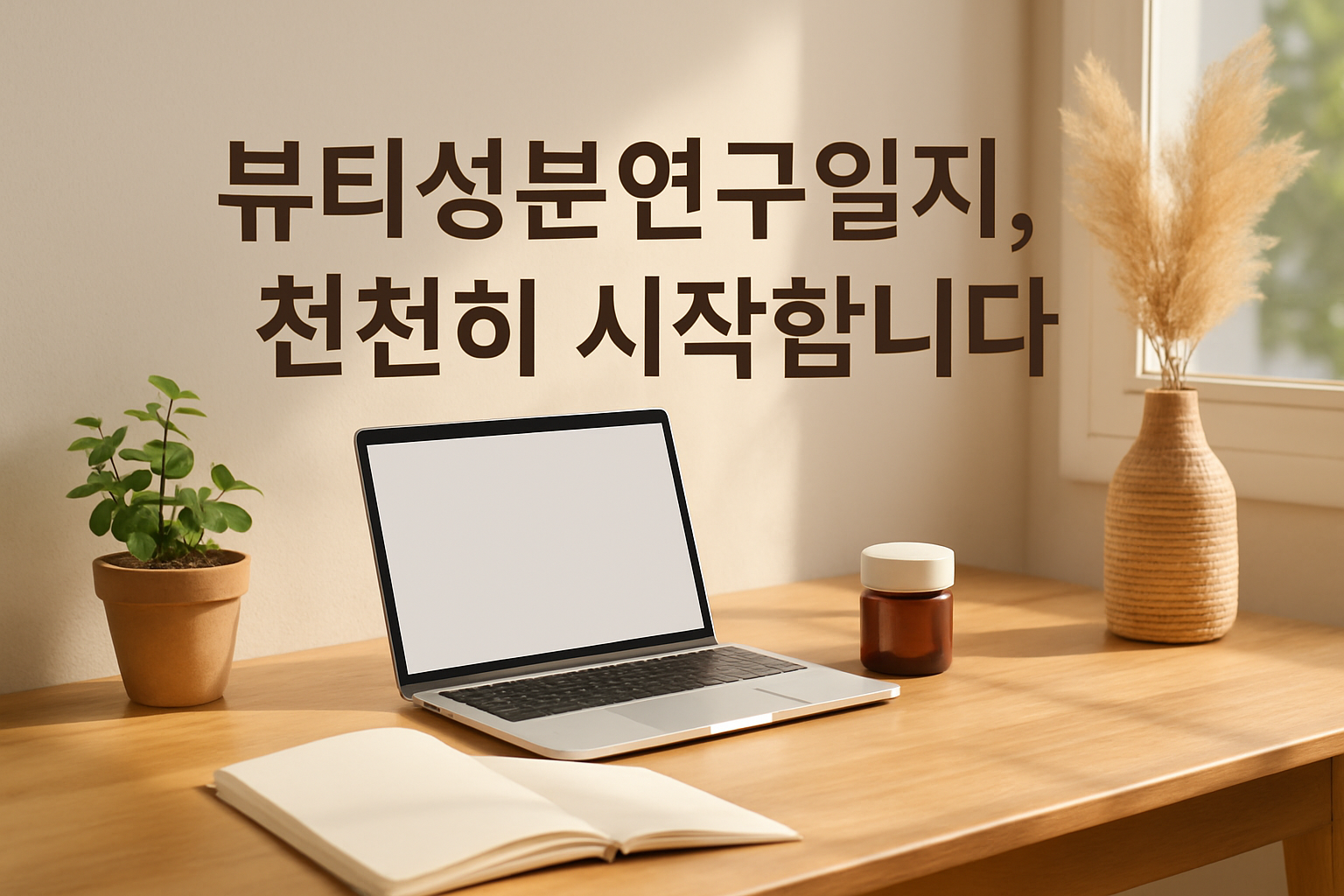 노트북과 노트, 화장품 병이 놓인 따뜻한 햇살 가득한 책상 위의 작업 공간