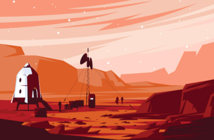 화성 탐사 우주비행사와 붉은 행성 풍경