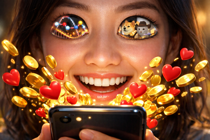 밈 콘텐츠에 몰입한 사용자와 그 결과로 발생하는 매출을 상징하는 동전 폭포.