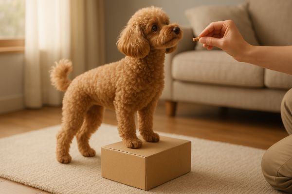 노령견이 낮은 박스 위에 앞발만 올리고 보호자가 간식으로 유도하는 근육 강화 훈련