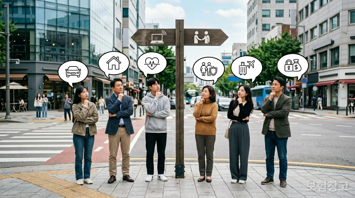 다양한 보험 니즈를 가진 한국인들이 온라인과 설계사 중 선택의 기로에 서 있는 모습