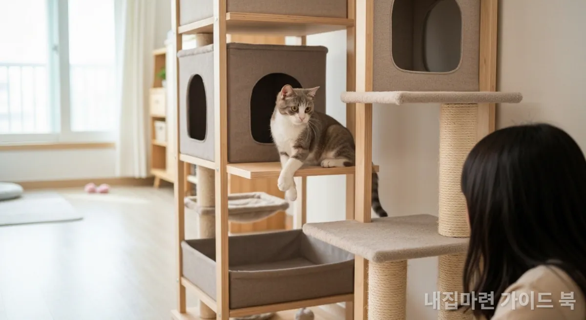 모던한 한국 아파트에서 다기능 펫 가구에서 놀고 있는 고양이