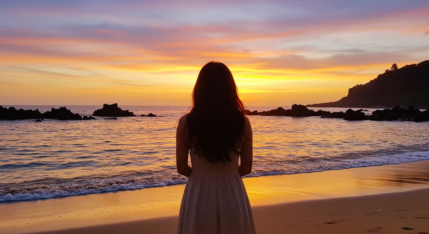 제주 해변에서 노을을 바라보는 한 한국인 여성의 뒷모습
