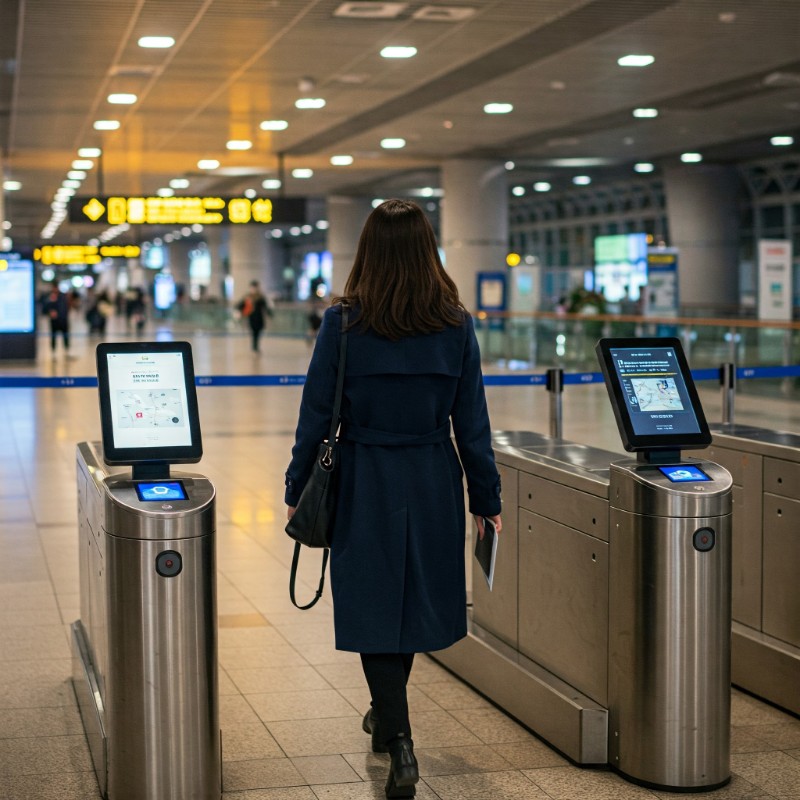 인천공항 자동출입국 심사대에서 얼굴 인식을 통해 출국하는 30대 여성 승객, 여권 없이 통과